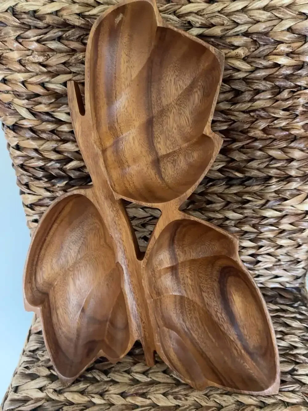 Vintage Hand Carved Monkey Pod Wood Three Section Leaf Shaped Serving Bowl Tray